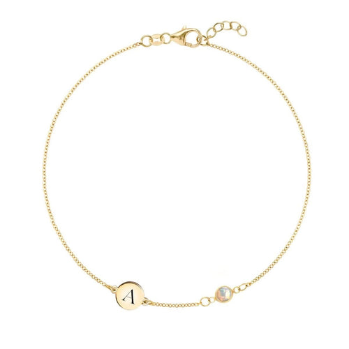 1 Letter & 1 Petite Opal Bracelet in 14k Gold  (October)