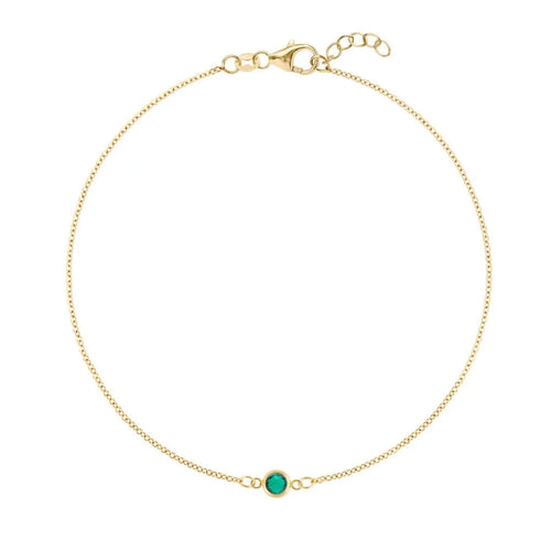 Classic cable chain bracelet featuring one 4 mm briolette cut emerald bezel set in 14k yellow gold - front view