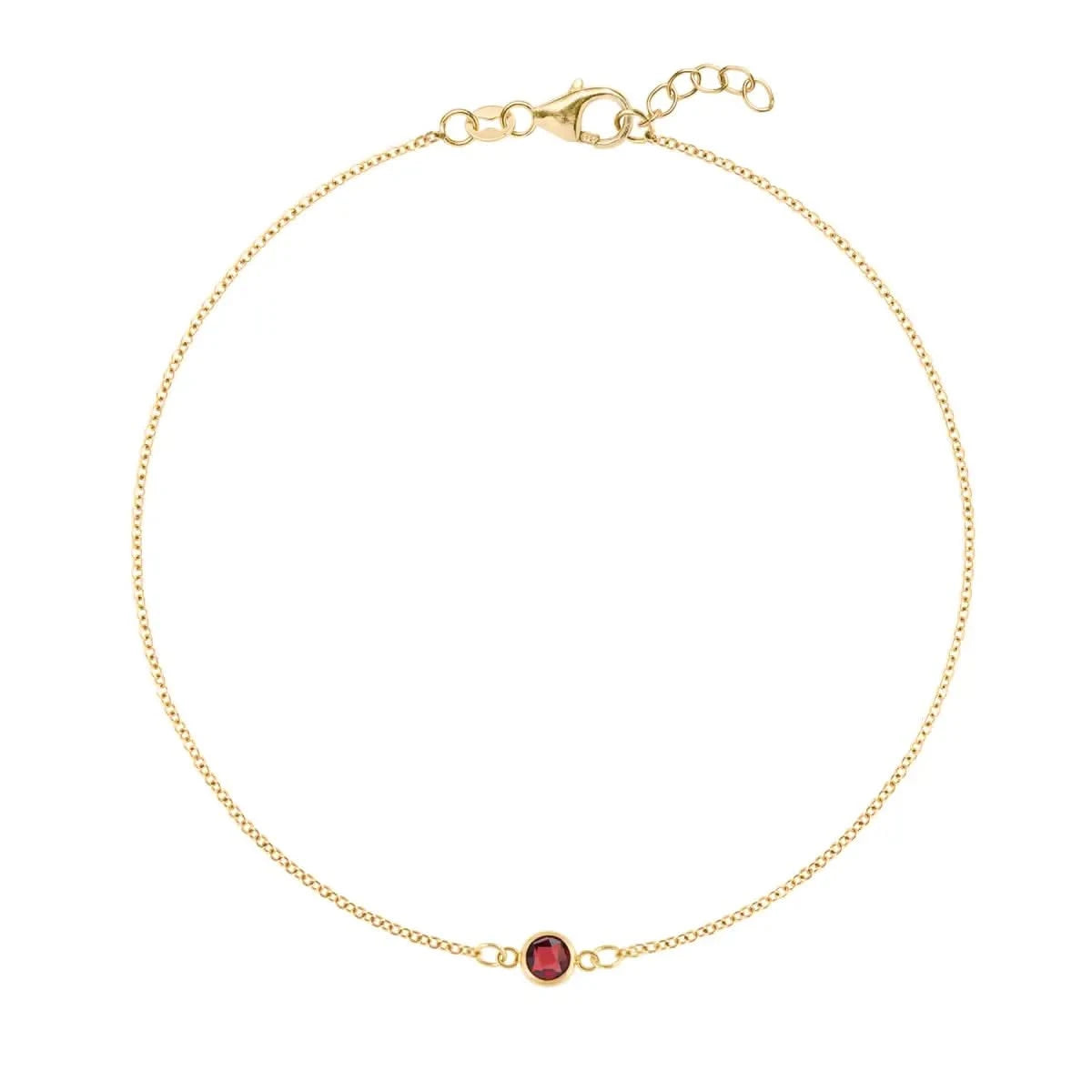 Classic cable chain bracelet featuring one 4 mm briolette cut garnet bezel set in 14k yellow gold - front view