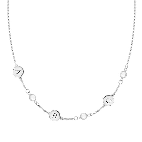 3 Letter & 3 Petite Birthstone Necklace in 14k Gold (Single Spacing) - White Gold