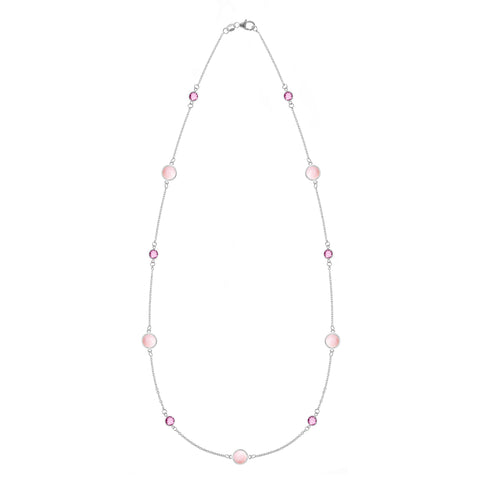 Bayberry Grand & Petite 11 Pink Opal & Pink Sapphire Necklace in 14k Gold (October) - White Gold