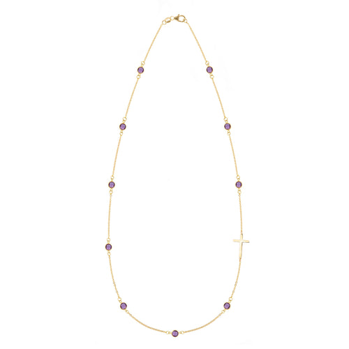 Bayberry Amethyst Birthstone Cross Necklace in 14k Gold (February)