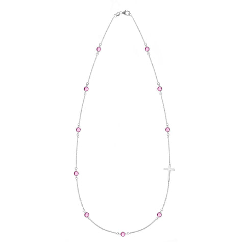 Bayberry Pink Sapphire Birthstone Cross Necklace in 14k Gold (October) - White Gold