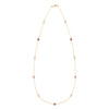 De-Lovely Bayberry necklace featuring eleven 4 mm briolette pink sapphires, moonstones and amethysts bezel set in 14k gold