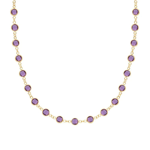 Newport necklace with nineteen 4mm briolette cut amethysts bezel set in 14k yellow gold - front view.