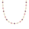 De-Lovely Newport necklace featuring alternating 4 mm pink sapphires, moonstones and amethysts bezel set in 14k gold