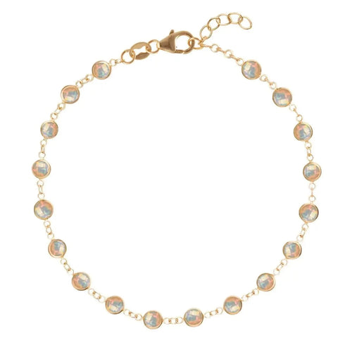 Newport 14k yellow gold bracelet featuring eighteen 4 mm briolette cut bezel set opals - front view