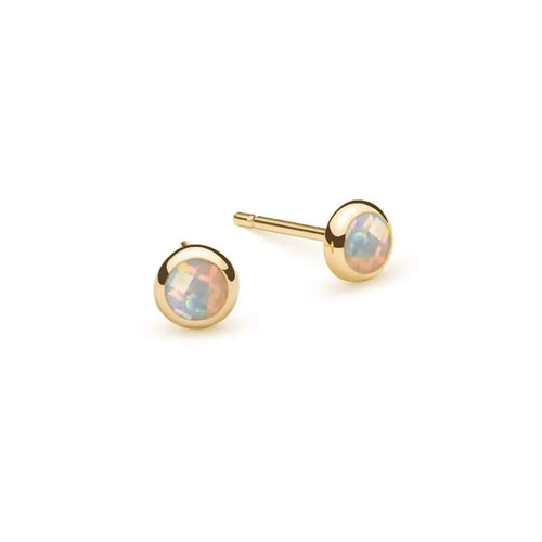 Pair of Birthstone Stud Earrings featuring 4 mm briolette cut Opals bezel set in 14k yellow gold - front view