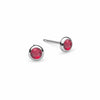 Pair of Birthstone Stud Earrings featuring 4 mm briolette cut Rubies bezel set in 14k white gold - front view