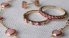Two Rosecliff Pink Tourmaline Stackable rings, one with alternating diamonds, featuring eleven 2mm prong set gemstones.