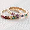 Two Rainbow Rosecliff stackable ring, one with 2mm rubies, citrines, emeralds, sapphires, amethysts, pink sapphires, and diamonds and sencond one without them in 14k Yellow Gold - front view