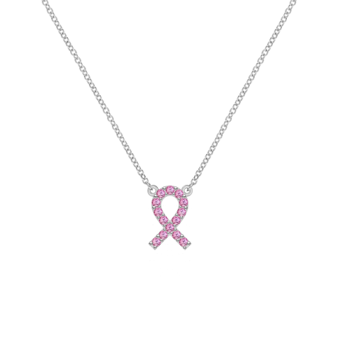 Pink Awareness Pave Ribbon Necklace in 14k Gold - White Gold