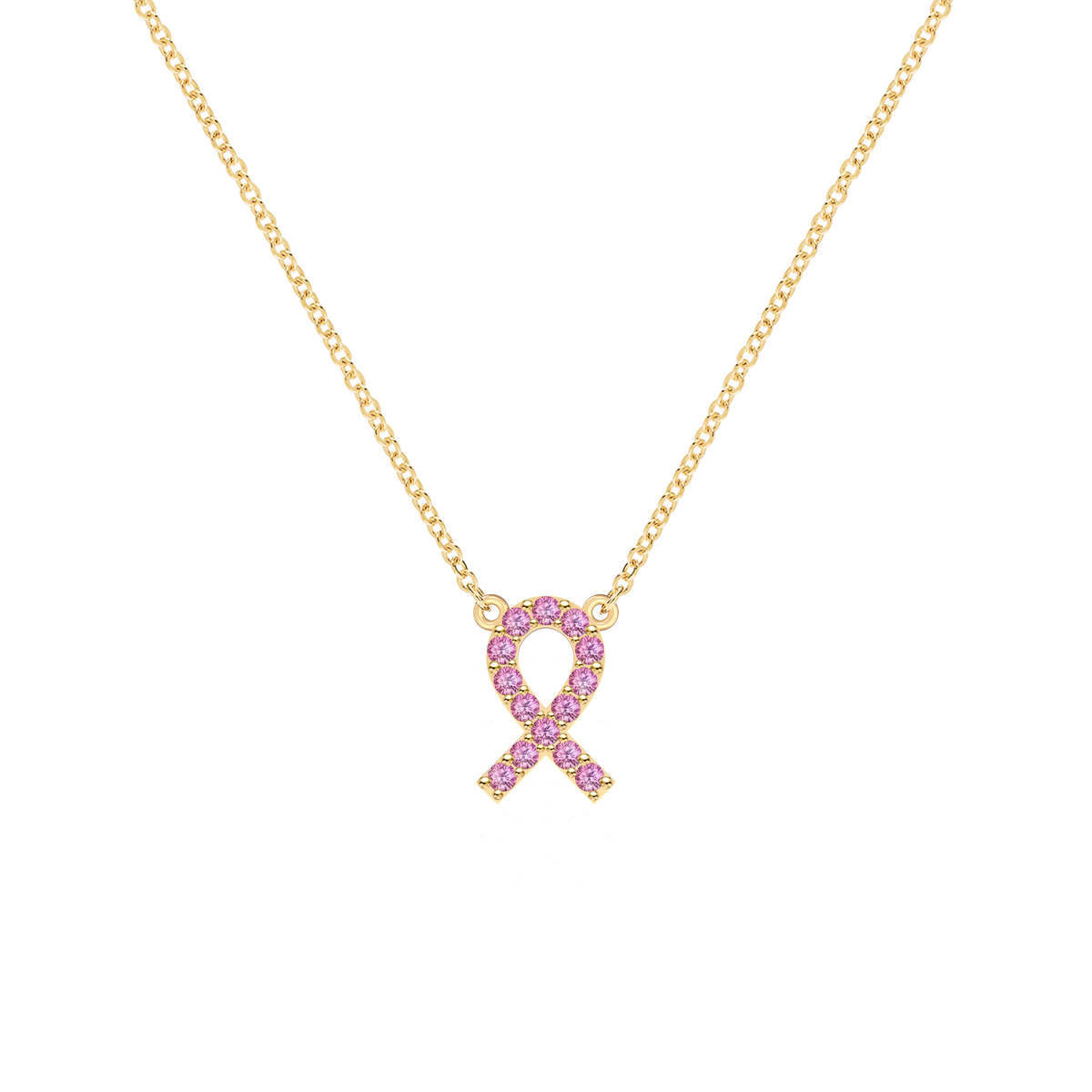 Pink Awareness Pave Ribbon Necklace in 14k Gold