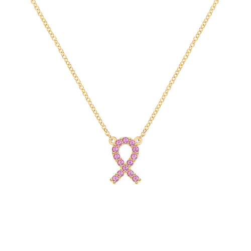 Pink Awareness Pave Ribbon Necklace in 14k Gold