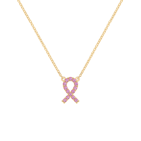 Pink Awareness Pave Ribbon Necklace in 14k Gold