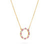 Rosecliff open circle necklace with sixteen alternating 2 mm pink sapphires & diamonds prong set in 14k gold - angled view