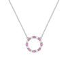 Rosecliff open circle necklace with sixteen alternating 2 mm faceted pink sapphires & diamonds prong set in 14k white gold