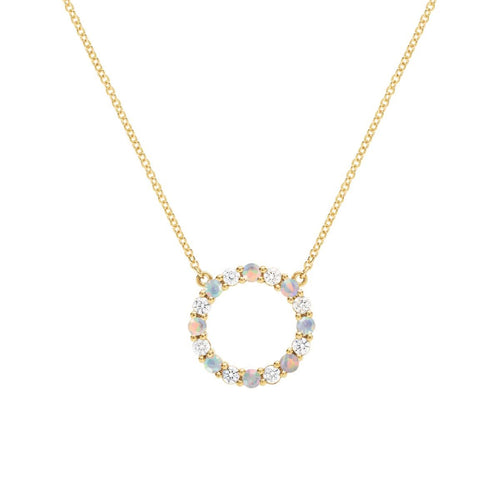 Rosecliff Circle Diamond & Opal Necklace in 14k Gold (October)