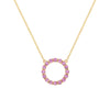 Rosecliff open circle necklace with sixteen 2 mm faceted round cut pink sapphires prong set in 14k yellow gold - front view