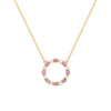 Rosecliff open circle necklace with sixteen alternating 2 mm pink sapphires & diamonds prong set in 14k gold - front view