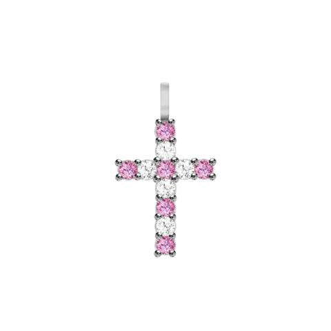 Rosecliff Cross Diamond & Pink Sapphire Pendant in 14k Gold (October) - White Gold