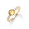 14k gold Rosecliff Grand Ring with 6 mm round, briolette-cut Citrine and eight 2 mm round-cut gemstones - aspect view.