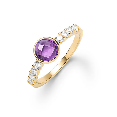 14k gold Rosecliff Grand Ring with 6 mm round, briolette-cut Amethyst and eight 2 mm round-cut gemstones - aspect view.