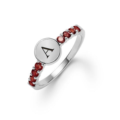 Rosecliff Letter Garnet Ring in 14k Gold (January) - White Gold