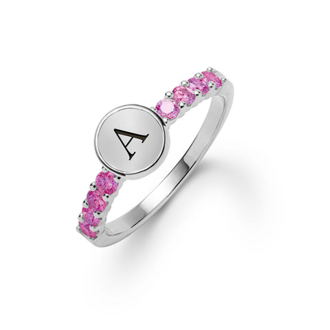 Rosecliff Letter Pink Sapphire Ring in 14k Gold (October) - White Gold