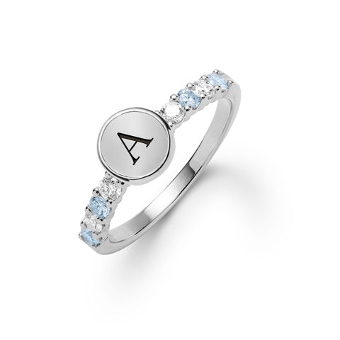 Rosecliff Letter Diamond & Nantucket Blue Topaz Ring in 14k Gold (December) - White Gold