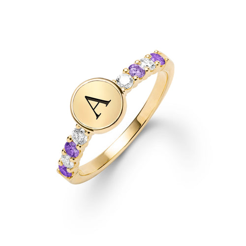 14k gold Rosecliff Letter Ring, featuring a letter disc nestled between alternating 2 mm faceted round cut, prong set Amethysts and Diamonds - aspect view