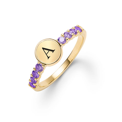 14k gold Rosecliff Letter Amethyst Ring, featuring a flat engraved letter disc nestled between 2 mm faceted round cut, prong set Amethysts - aspect view