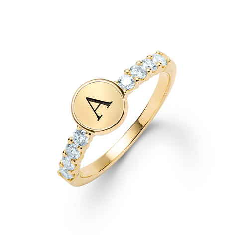 14k gold Rosecliff Letter Aquamarine Ring, featuring a flat engraved letter disc nestled between 2 mm faceted round cut, prong set Aquamarines - aspect view
