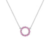 Rosecliff small open circle necklace featuring twelve 2mm faceted round cut pink sapphires prong set in 14k white gold
