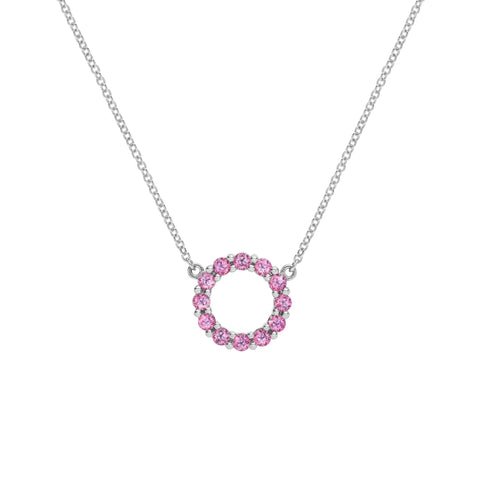 Rosecliff Small Circle Pink Sapphire Necklace in 14k Gold (October) - White Gold