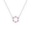 Rosecliff small open circle necklace with 12 alternating 2 mm pink sapphires & diamonds prong set in 14k white gold