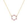 Rosecliff small open circle necklace with 12 alternating 2 mm pink sapphires & diamonds prong set in 14k gold - front view