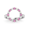 Rosecliff open circle ring featuring alternating sixteen 2 mm pink sapphries and diamonds prong set in 14k white gold