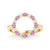 Rosecliff open circle ring featuring alternating sixteen 2 mm pink sapphires & diamonds prong set in 14k gold - front view