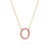 Rosecliff open circle necklace with sixteen 2 mm faceted round cut pink sapphires prong set in 14k gold - angled view