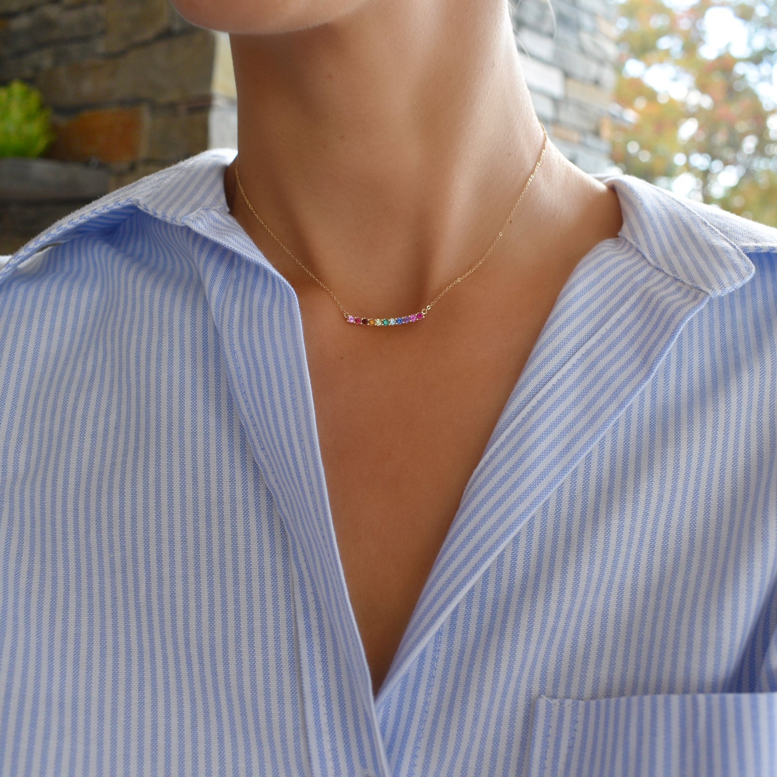 Rainbow Rosecliff Bar Necklace in 14k Gold