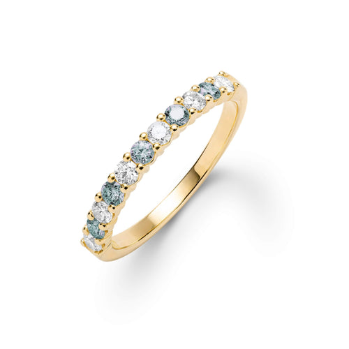 Rosecliff stackable ring featuring eleven alternating 2mm alexandrites and diamonds prong set in 14k yellow gold - front view