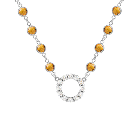 Rosecliff Diamond Small Circle & Newport Citrine Necklace in 14k Gold (November) - White Gold