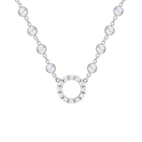 Rosecliff Diamond Small Circle & Newport Moonstone Necklace in 14k Gold (June) - White Gold