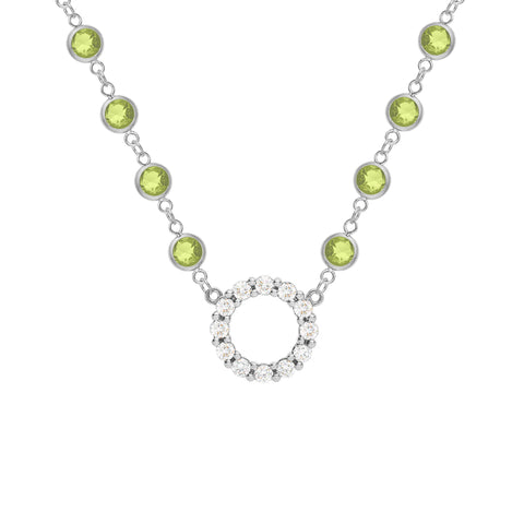 Rosecliff Diamond Small Circle & Newport Peridot Necklace in 14k Gold (August) - White Gold