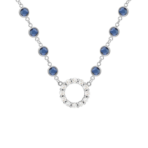 Rosecliff Diamond Small Circle & Newport Sapphire Necklace in 14k Gold (September) - White Gold