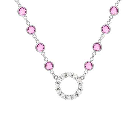 Rosecliff Diamond Small Circle & Newport Pink Sapphire Necklace in 14k Gold (October) - White Gold