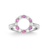 Rosecliff small open circle ring featuring twelve alternating 2 mm pink sapphires & diamonds prong set in 14k white gold