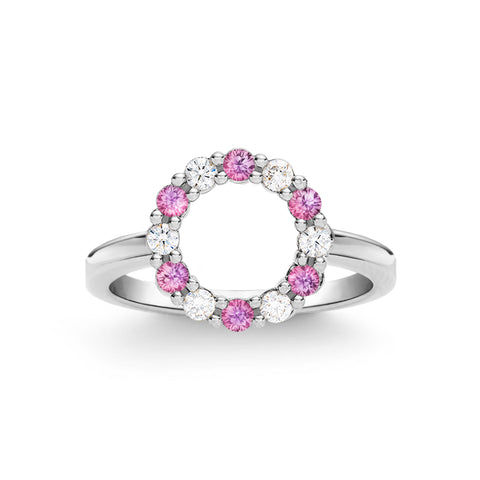 Rosecliff Small Circle Diamond & Pink Sapphire Ring in 14k Gold (October) - White Gold