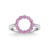 Rosecliff small open circle ring featuring twelve 2 mm faceted round cut pink sapphires prong set in 14k white gold